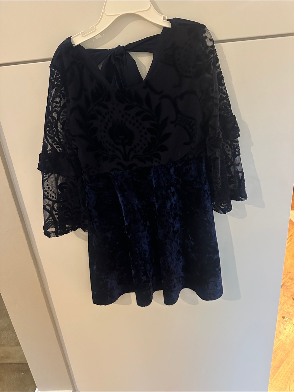 My Michelle Navy Velvet & Lace Peplum Dress- Navy